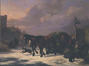 Een paardenslee bij een kraam door Wouterus Verschuur