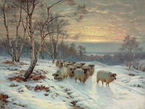 Een herder met zijn kudde in een winterlandschap