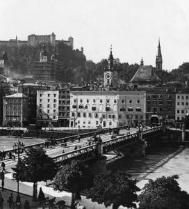 Brug over de Salzach, Salzburg, Oostenrijk, ca. 1900s