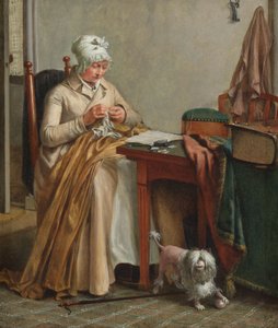 Interieur met vrouw die naait