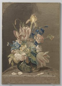 Tableau van veelkleurig geborduurde zijde