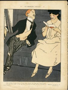 Illustratie van Xavier Gose (1876-1915) in Le Lire, 27/08/10 - De Eerste Reis - Spoorwegtrein, Mannenmode, Overspel door Xavier Gose