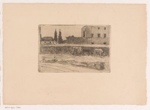 Landschap met bebouwing en een figuur aan het werk door Xavier Mellery (attributed to)