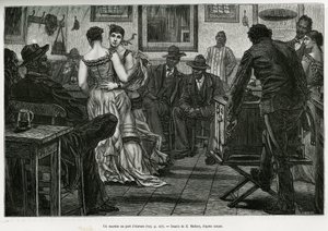 Een muzikant in de haven van Antwerpen, waar zeelieden kunnen drinken en dansen op het geluid van het prikkelende orgel. Gravure door X. Mellery, ter illustratie van het verhaal van België, door Camille Lemonnier, gepubliceerd in Le tour du monde, uitgegev door Xavier Mellery