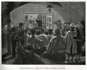 Kelder voor Polichinelles, een kelder ontworpen voor poppenshows. Gravure ter illustratie van het verhaal van België door Camille Lemonnier, gepubliceerd in de Tour du monde onder redactie van Edouard Charton (1807-1890) door Xavier Mellery