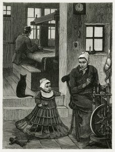 Interieur van de woning en weverswerkplaats, met de wever en het wiel, evenals een kind met een rieten rok die hem helpt zijn eerste stappen te zetten. Gravure door X. Mellery, ter illustratie van het verhaal 
