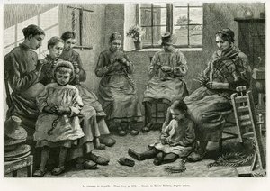 Het vlechten van stro in Sluze. Gravure door Xavier Mellery ter illustratie van het verhaal 