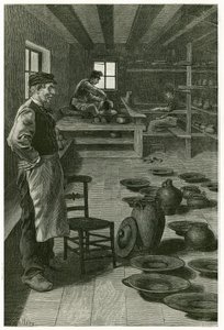 De pottenbakker van Terneuzen, in zijn werkplaats, vol met vazen en schalen, bij het raam, de pottenbakker werkt de klei op het harnas en zijn leerling, beneden, werkt de draaischijf. Gravure door X. Mellery, naar de natuur, ter illustratie van het verhaal door Xavier Mellery