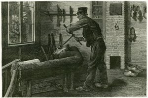 De saboteur van Terneuzen, heeft zijn vestiging, vergroot en graaft het hout met behulp van cramms. Gravure door X. Mellery, naar de natuur, ter illustratie van het verhaal 