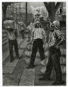 Het lossen van een schip, de dokwerkers met hun hoofden bedekt met een teerhoed, stapelen de goederen op de kades van de haven van Antwerpen. Gravure door X. Mellery, ter illustratie van het verhaal van België, door Camille Lemonnier, gepubliceerd in de To