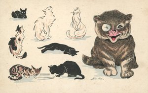 Dikke kat, met monocle, naast verschillende minder bevoorrechte katten