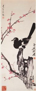 Pruimenbloesems en ekster (inkt en kleur op papier) door Xiao Sun (1883 1944) Zhou Shaoxiang (1880 1954) Qi Baishi