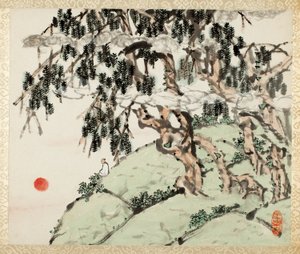 Landschap en figuur, uit een album van landschappen en kalligrafie voor Liu Songfu door Xugu