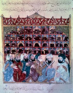 De zwervende navigator Abu-Zayd houdt een toespraak in de bibliotheek van Basra. Miniatuur uit de 