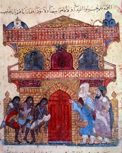 de burger al-Harith (Al Harith), zoon van Hammam, en de zwervende navigator Abu-Zayd (Abu Zayd) voor het paleis van de koning Miniatuur uit de "Maqamat" (Seances) van Abu Mohammed al-Kasim ibn Ali Hariri (of Al-Hariri of Al Hariri) (1054-1122) verluchting door Yahya ibn Mahmud Al Wasiti