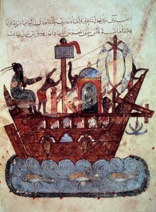 de burger al-Harith (Al Harith), zoon van Hammam, en de zwervende navigator Abu-Zayd (Abu Zayd) op een miniatuurboot uit de 