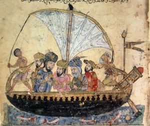 de bourgeois al-Harith (Al Harith), zoon van Hammam, en de zwervende navigator Abu-Zayd (Abu Zayd) op een boot die op de Eufraat vaart Miniatuur uit de "Maqamat" (Seances) van Abu Mohammed al-Kasim ibn Ali Hariri (of Al-Hariri of Al Hariri) (1054-1122) door Yahya ibn Mahmud Al Wasiti