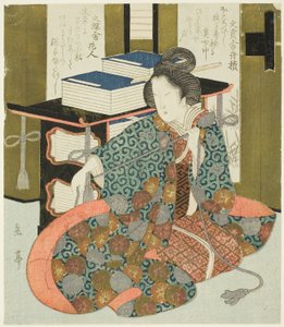 Een Vrouw die aan het Touw van een Boekenkast Trekt, uit de serie "Een Set van Zeven voor de Katsushika Club" door Yashima Gakutei