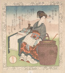 Nuji (Japans: Joki; vrouwelijke bediende die geschriften van taoïstische wijzen samenstelde); ‘Papier’ (Kami), uit Vier vrienden van de schrijftafel voor de Ichiyō-dichtkring (Ichiyō-ren Bunbō shiyū) Uit de Lente-regenverzameling (Harusame shū), dl. 1 door Yashima Gakutei