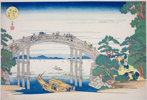 De Stenen Brug over de Aji-rivier bij Nii-heuvel, Osaka, uit de serie "Beroemde Plaatsen in Osaka: Mooie Uitzichten van de Tenpo-berg"