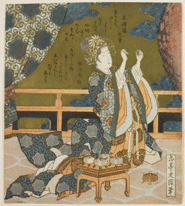 Twee Chinese vrouwen die draad en een spinnenweb in een doos onderzoeken, uit de serie "Diptiek voor de Drumgroep" door Yashima Gakutei