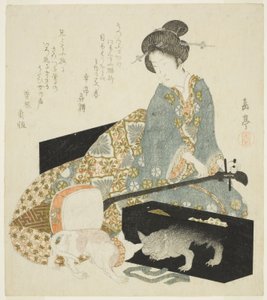Vrouw met shamisen en kat