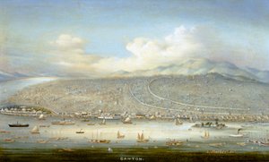Gezicht op Kanton met Shamian Island in 1865, ca. 1880 (olieverf op paneel) door Yichang Yichang
