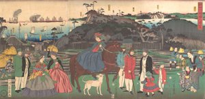 Buitenlanders Bezoeken de Beroemde Plaats van de Berg Gongen in Kanagawa, 2e maand, 1861 door Yoshikazu