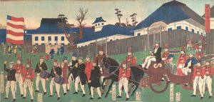 Afbeelding van een processie van buitenlanders in Yokohama, 2e maand, 1861