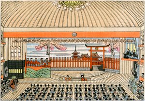 Traditioneel Japans theater: het podium van Kaboukiza, het belangrijkste theater van Tokio, met zijn draaiend platform door Yoshimune Arai