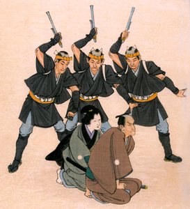 Traditioneel Japans theater: drie gewapende mannen bedreigen een mannelijke en een vrouwelijke personage door Yoshimune Arai
