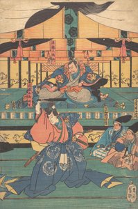 Kabuki-acteurs spelen als Oashibara Ueno no kami Masahira, Tokiwa Mikuriya Betto T..., midden 19e eeuw