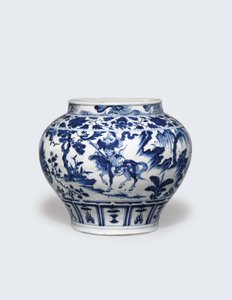 Een uitzonderlijk zeldzame en belangrijke blauw-witte pot, Guan