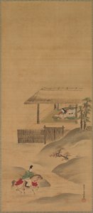 Minamoto no Nakakuni bezoekt Lady Kogo, Drieluik van hangende rollen, eind 1600s door Yukinobu Kiyohara