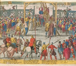 De executie van Spell van Brabant, die andere onschuldige mensen weer tot leven had gebracht door Zacharias (school of) Dolendo