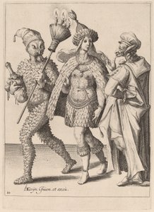 Een oude mummer spreekt een stel in veren aan door Zacharias Dolendo after Jacques de Gheyn II