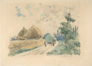 Landschap met wagen en hooibergen, ca. 1869-70