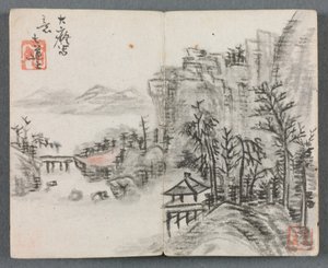 Miniatuuralbum met figuren en landschap (Kliflandschap met brug) door Zeng Yandong
