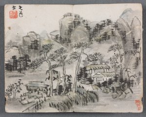Miniatuuralbum met figuren en landschap (Landschap met twee gebouwen)