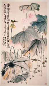 Lotus en Groene Vogels door Zhen Wang