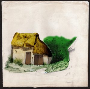 Een rieten huisje in het centrum van Frankrijk. ca. 1830 (illustratie)