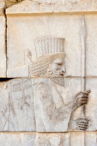 Oud reliëf van de Achaemeniden; Pers met lans; soldaat van de Onsterfelijke Garde op het Apadana Paleis; archeologische site; oude Perzische stad Persepolis; UNESCO Werelderfgoed; Fars Provincie; Iran; Azië