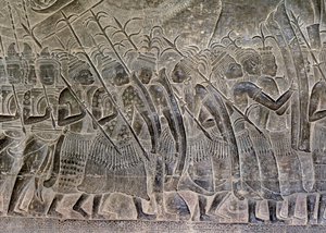 Angkor Wat, Angkor, Cambodja, begin 12e eeuw met latere toevoegingen. Dit detail van de reliëfs in de galerij toont de THAI mensen die marcheren als bondgenoten van het Khmer-leger door Hippolyte Lalaise Devéria