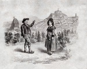 Auvergnats dansen de vulling in Puy en Velay, Frankrijk. circa 1900 (gravure) door . .