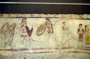 Gevechtsscène tussen twee krijgers, fresco uit Necropolis in Andriuolo-Laghetto in Paestum, Campania, Italië, Oude Griekse beschaving, Magna Graecia, 4e eeuw v.Chr.