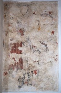 Bourgondië, Lancharre, gemeente Chapaize 71460. In de kerk Notre Dame, muurschildering. Twee ridders in maliënkolder (fresco) door . .