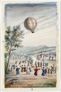 Eerste opstijging van een Montgolfier in Annonay, Frankrijk, 5 juni 1783