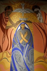 Fresco in de Sint-Jacobuskerk, Montrouge, Frankrijk. Kroning van de Maagd Maria door . .