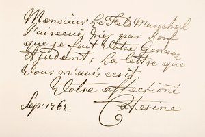 Handschriftvoorbeeld van keizerin Catharina II van Rusland, bekend als Catharina de Grote