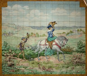 Interieur, tegelpaneel, schilder Furcy Ernest Tondeur, uitvoerder Boch Frères La Louvière, tweede paneel, jachtscène met een edelman en een edelvrouw met valken door . .
